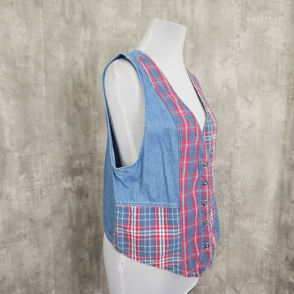 Vintage Stampede Denim Plaid Vest USA 90s Western Patchwork Button L - Picture 3 of 7